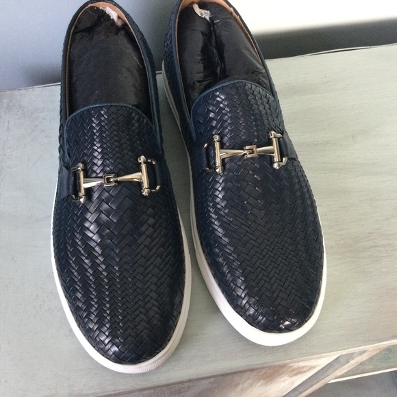 MARC NOLAN MEN’S BOARDWALK NAVY WOVEN LEATHER HORSE-BIT SNEAKERS